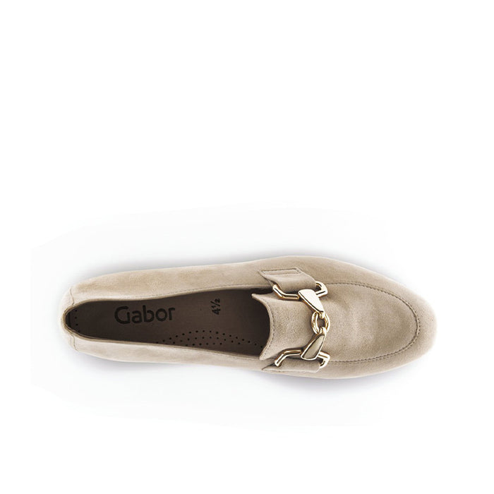 Beige leather loafer slip-on with gold-tone buckle strap and Gabor logo on insole