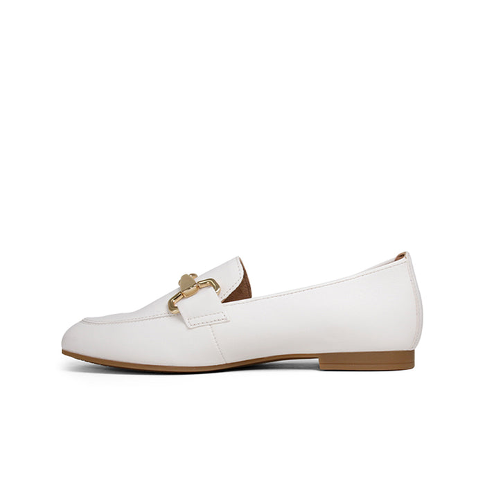 White leather loafer slip-on with gold-tone buckle strap and low brown heel