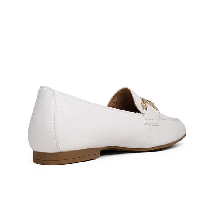 White leather loafer slip-on with back seam and brown outsole