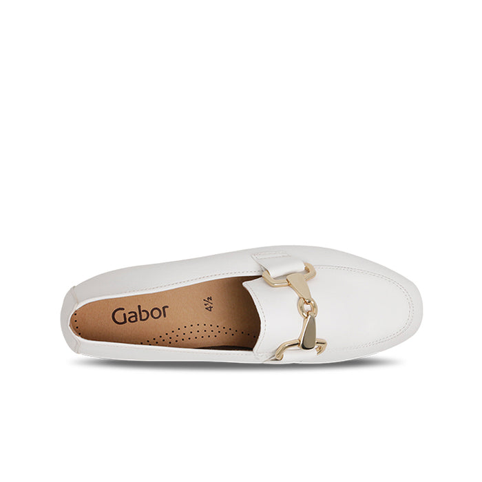 White leather loafer slip-on with Gabor logo on insole and gold-tone buckle detail