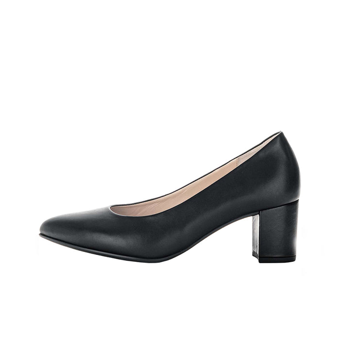 Black leather women’s formal pumps with mid block heel and pointed toe