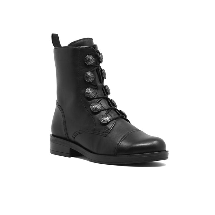 Black leather fashion boot with lace-up front, decorative button eyelets, block heel