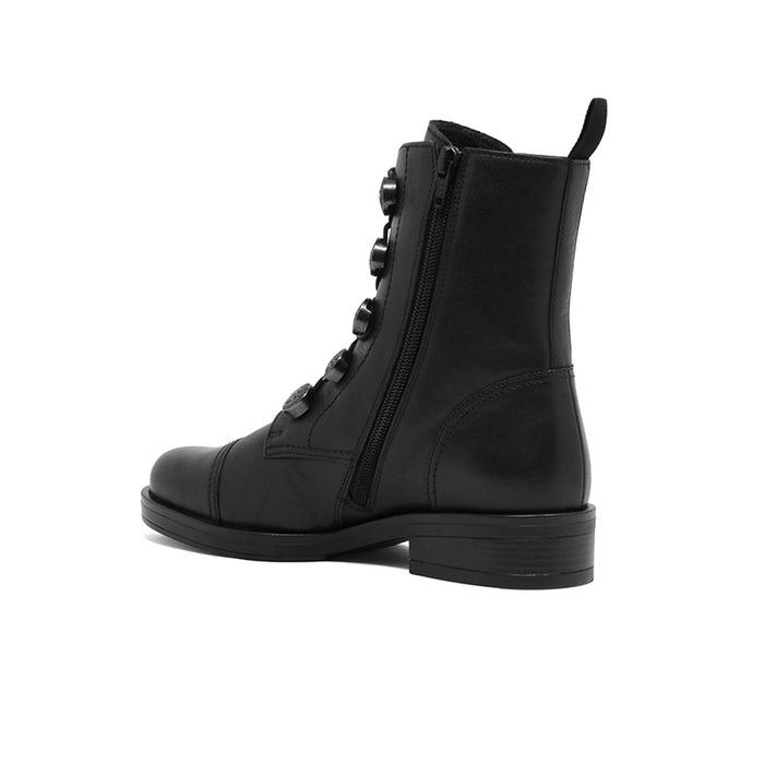 Black leather ankle boot with side zipper, lace-up front, low block heel