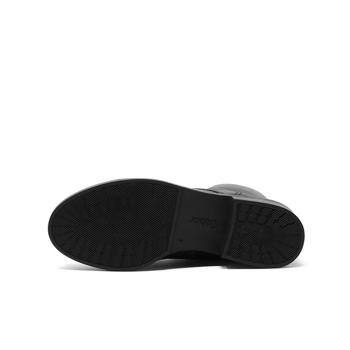 Black boot outsole with textured tread and brand logo