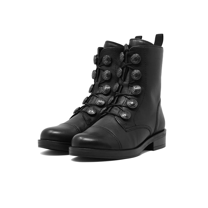 Black leather ankle boots pair, lace-up with round metal buttons, low block heel