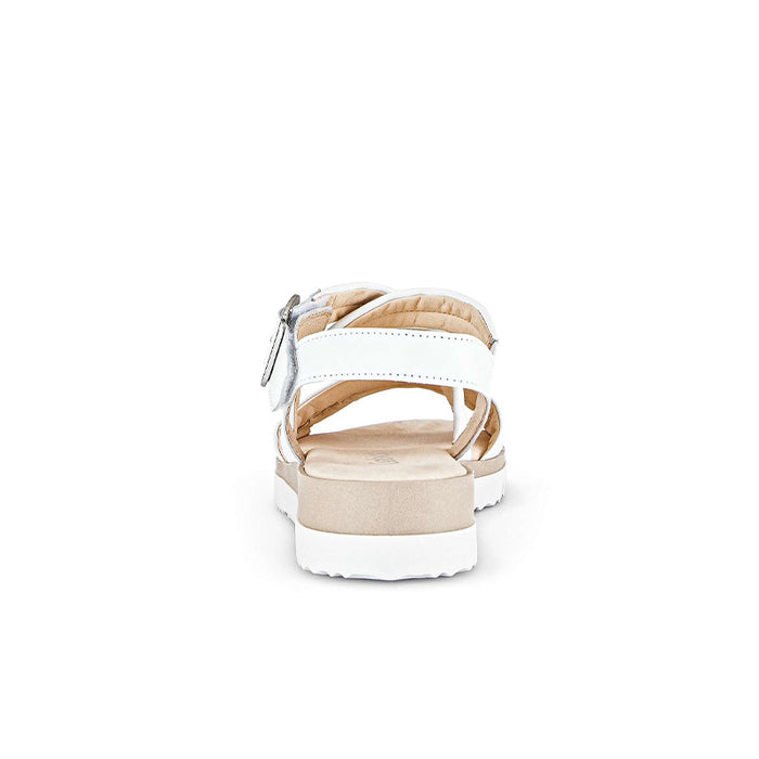 White leather sandal heel view with open back and adjustable strap closure