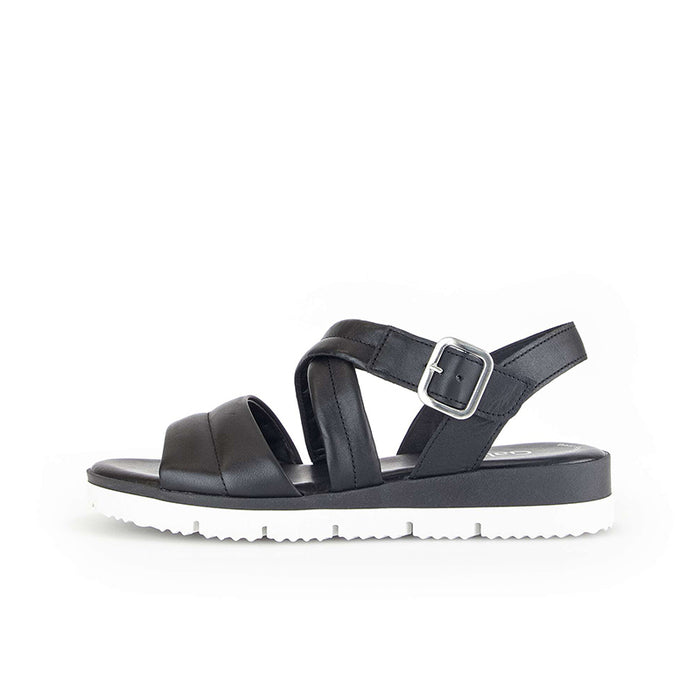 Black leather sport sandal with double straps, square buckle, and thick sole