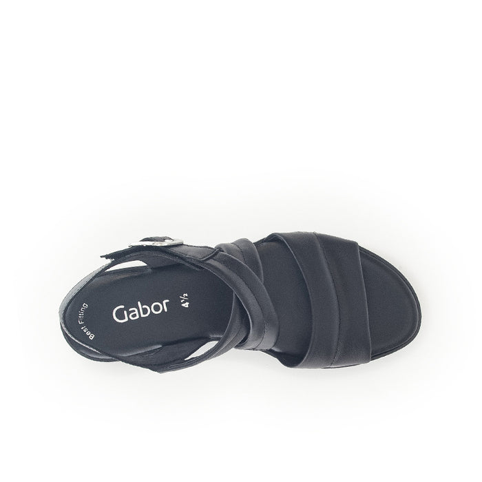 Black leather sandal with open toe and multiple padded straps
