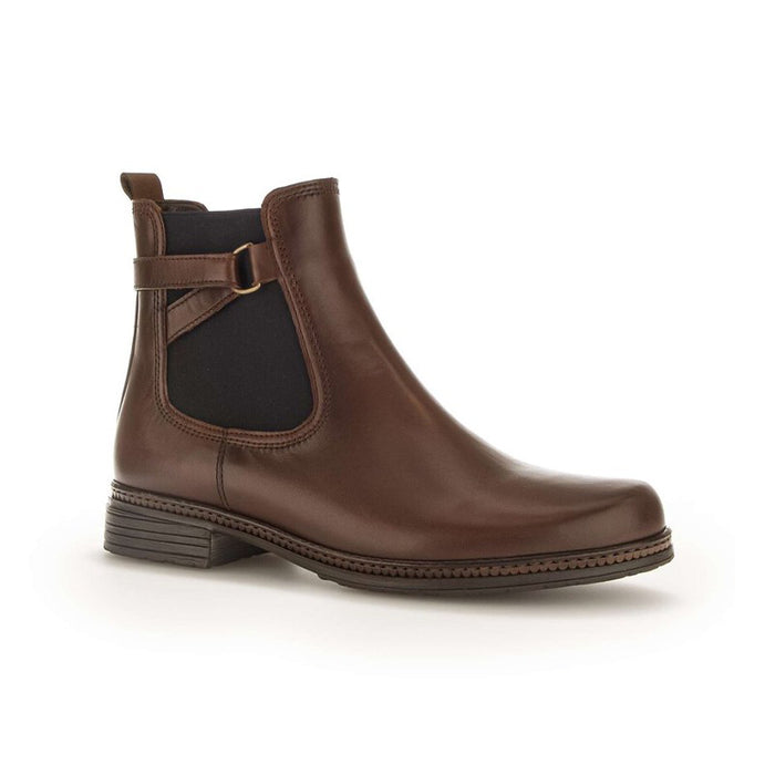 Brown leather Chelsea ankle boots with elastic gore and buckle strap detail