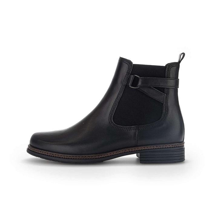 Dark leather Chelsea ankle boots with elastic side panel and pull tab
