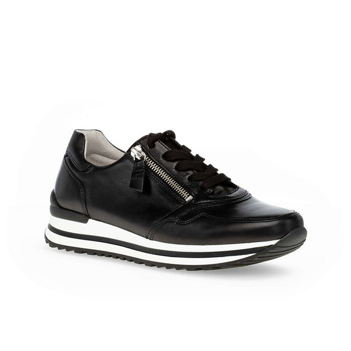 Black leather women’s sneaker, lace-up with side zipper and striped white sole
