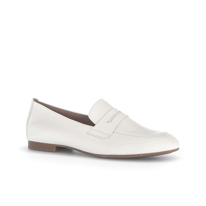 Beige leather loafer with stitched moc-style seams and slip-on strap detail
