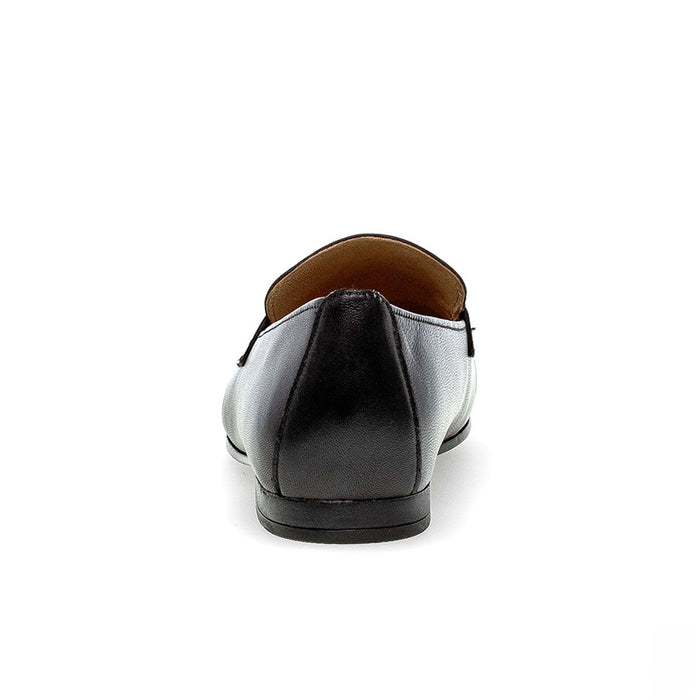 Black leather loafer heel view with back tab and cushioned collar