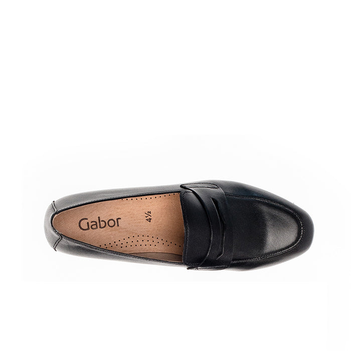 Black leather loafer side view with Gabor insole logo and moc toe stitching