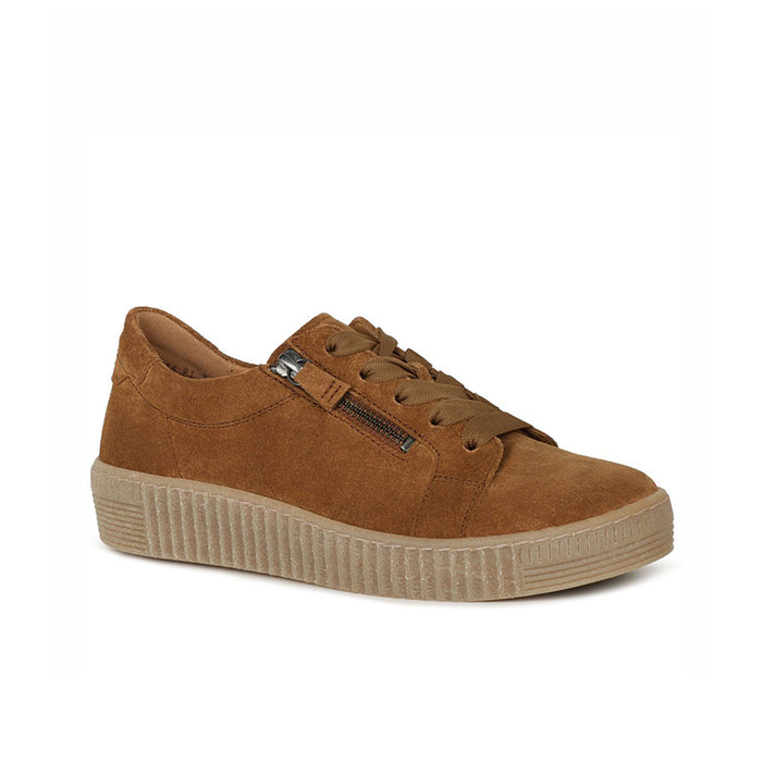 Brown suede lace-up sneakers with zip detail and textured rubber sole.
