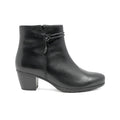 Black leather mid-calf heel boots with buckle strap and stacked block heel