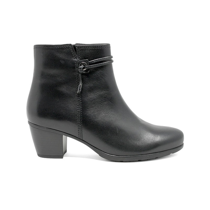 Black leather mid-calf heel boots with buckle strap and stacked block heel