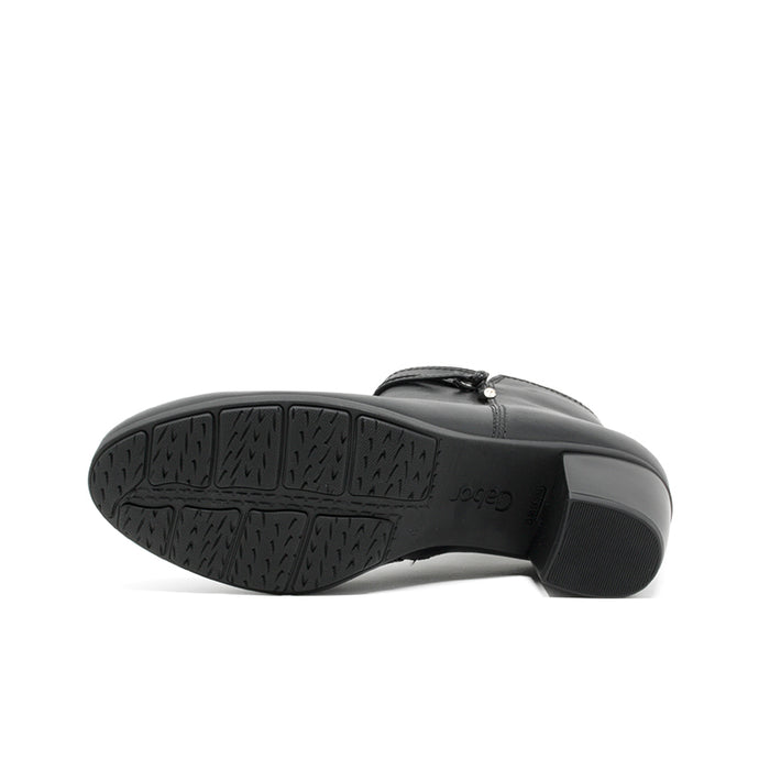 Black leather boot outsole with tread pattern and low block heel