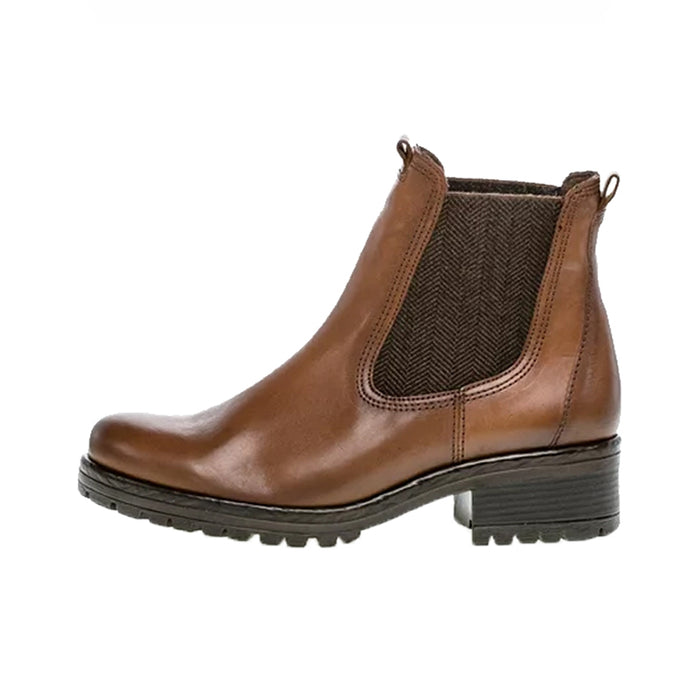 Brown leather Chelsea boots with dark herringbone elastic inserts and block heel