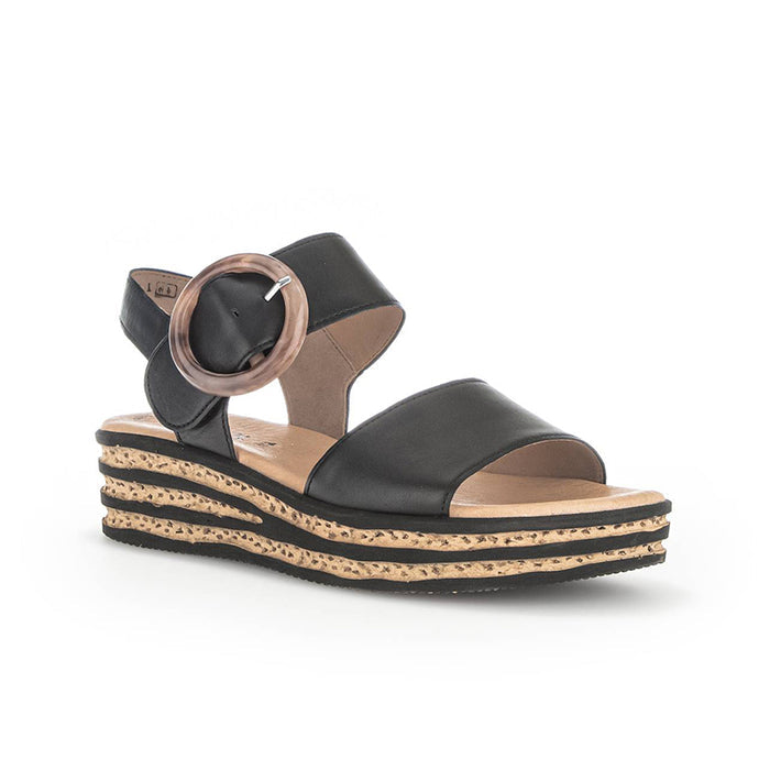 Black leather platform sandals with Velcro strap and round buckle detail