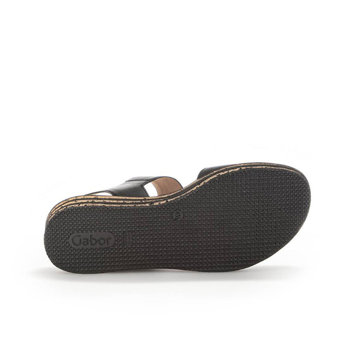 Black platform sandal outsole with textured tread and tan sidewall
