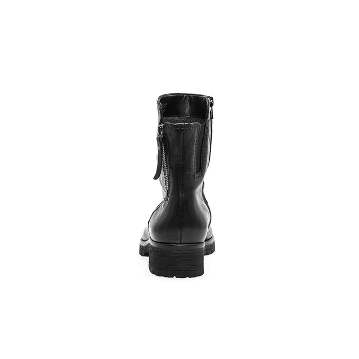 Black leather ankle boots back view with side zip and treaded sole