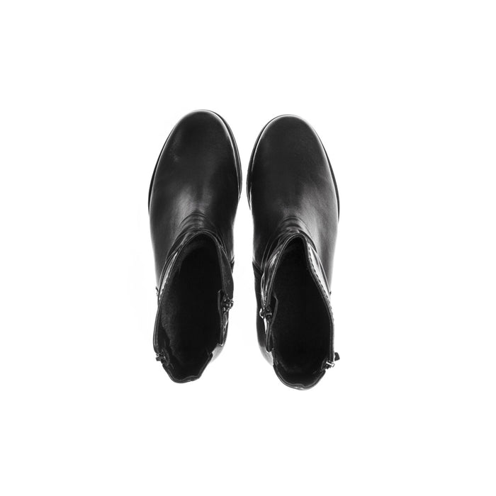 Pair of black leather ankle boots, front view with side zip details