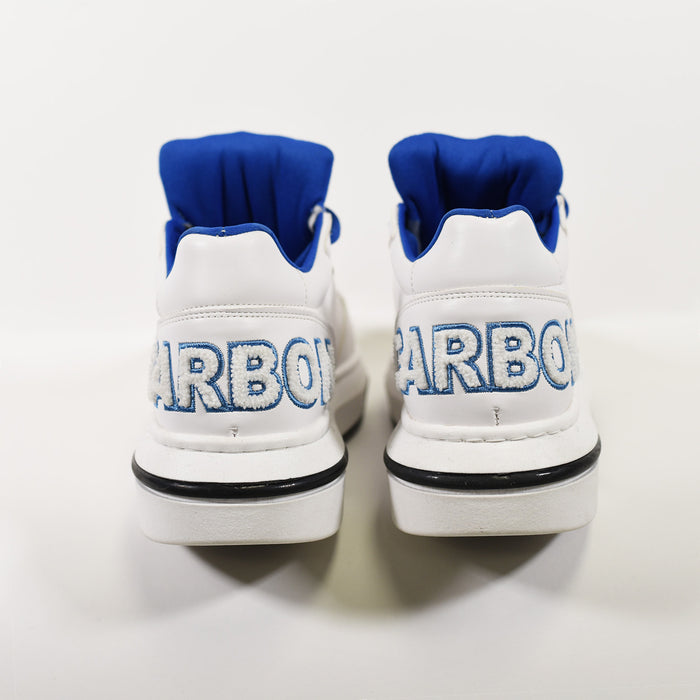 Rear view of Neon LED Light Up Sneakers in white with blue lining and embroidered CARBON text on the heels.