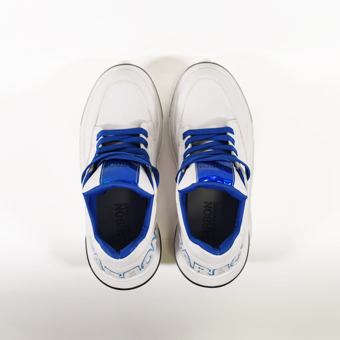 Top view of Carbon Neon LED sneakers in white with blue laces, metallic blue trim, and signature CARBON embroidery.