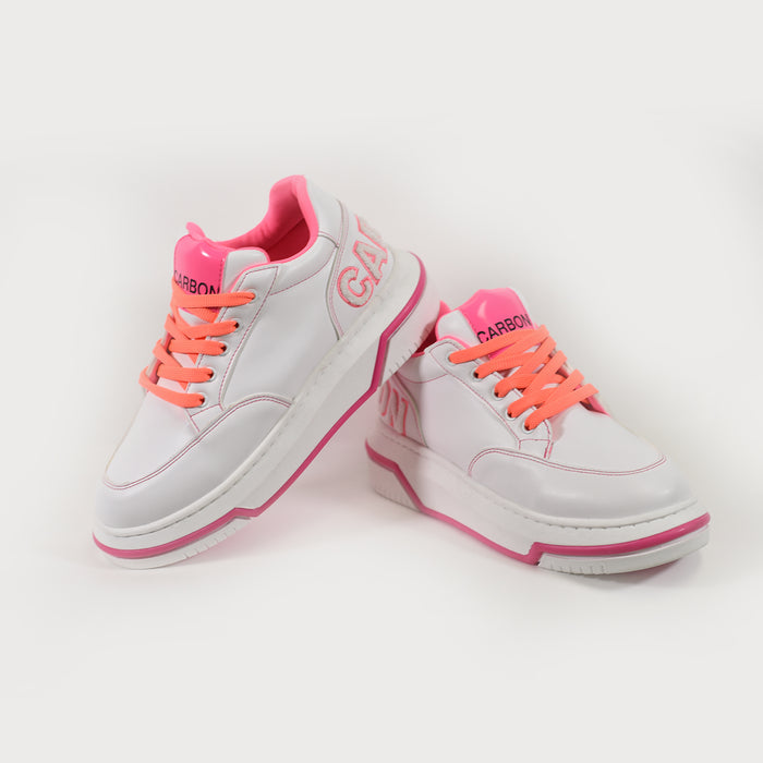 White Neon LED Light Up Sneakers with pink accents, orange laces, and CARBON embroidery for festival fashion.