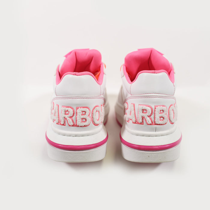 Rear view of white Neon LED Light Up Sneakers featuring pink accents and textured CARBON embroidery on the heels.