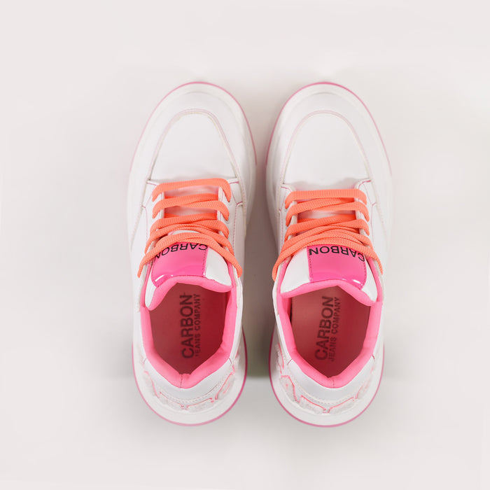 Top-down view of Carbon Neon LED Light Up Sneakers in white with neon pink lining and orange laces on a white background.
