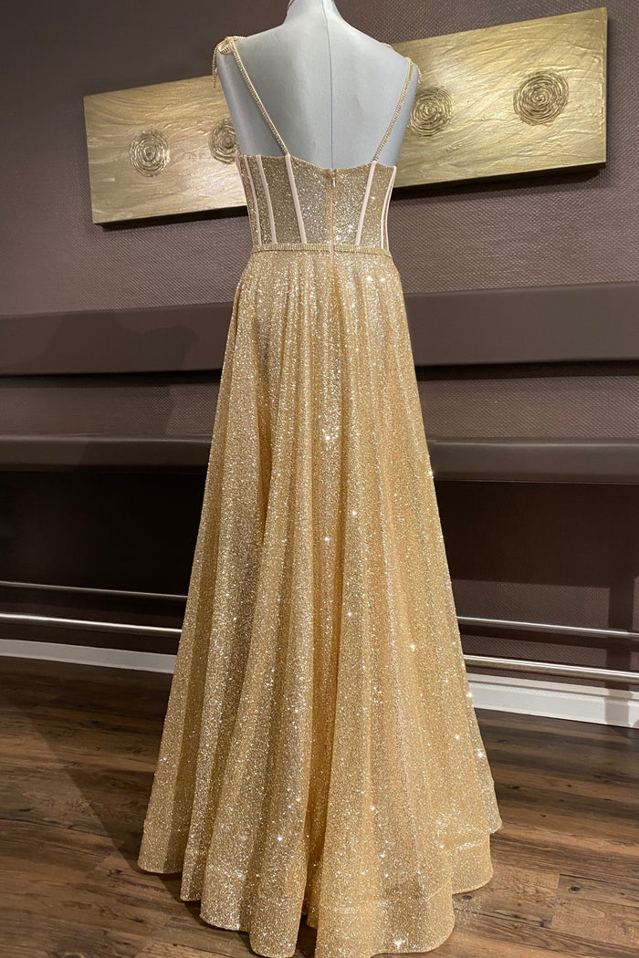 Gold A-line Bow Tie Beaded Straps Sequins Boning Long Prom Dress