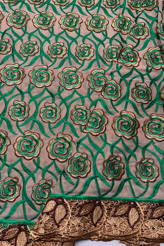 Green, Brown and Gold Swiss Cotton Voile Lace Fabric