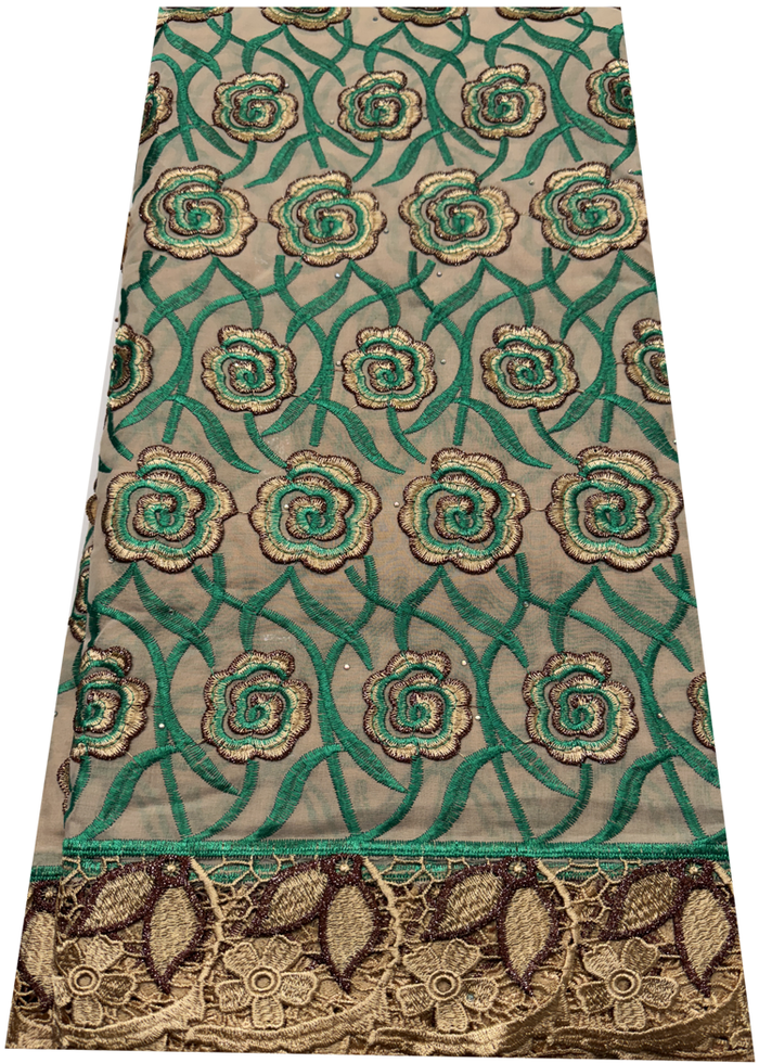 Green, Brown and Gold Swiss Cotton Voile Lace Fabric