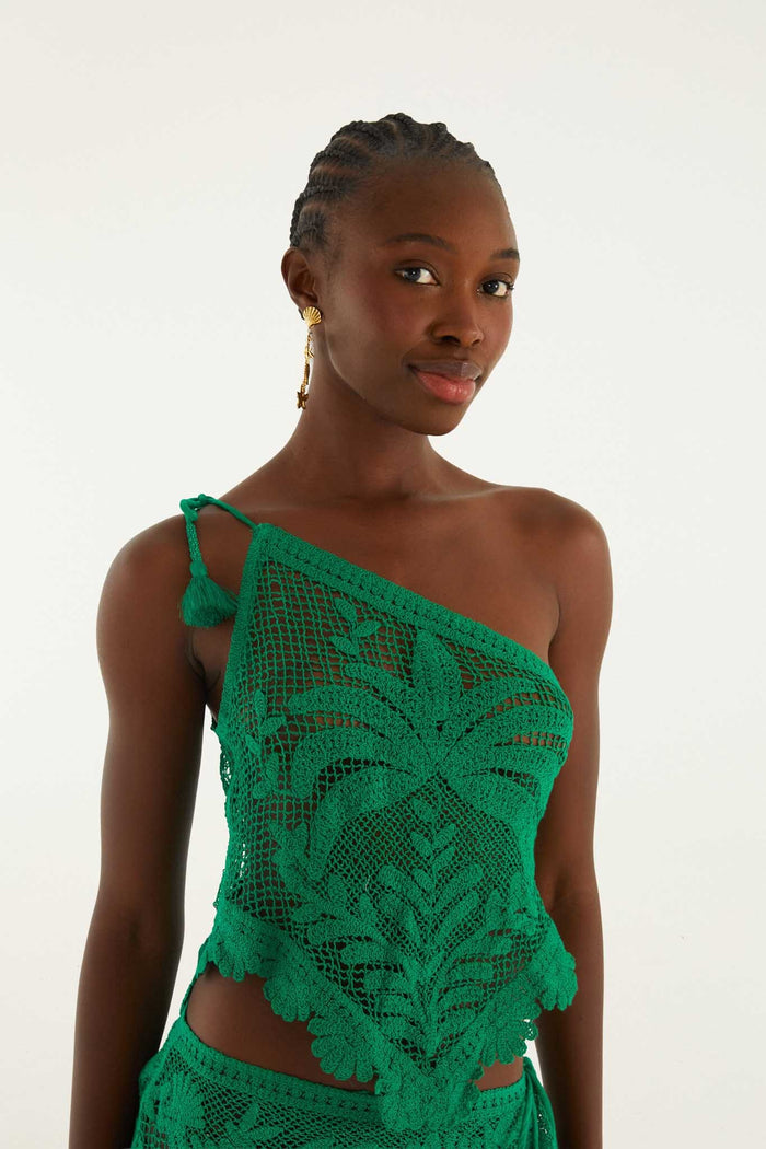FARM Rio model wearing the Green One-Shoulder Sheer Blouse
