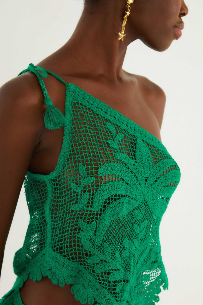 FARM Rio model wearing the Green One-Shoulder Sheer Blouse