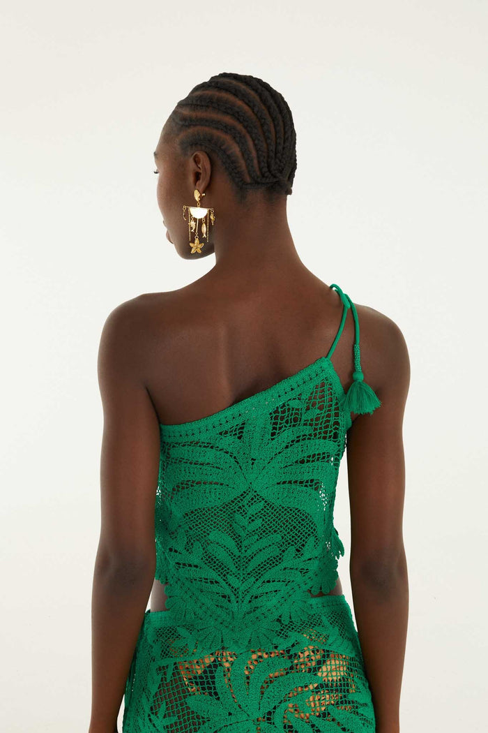 FARM Rio model wearing the Green One-Shoulder Sheer Blouse