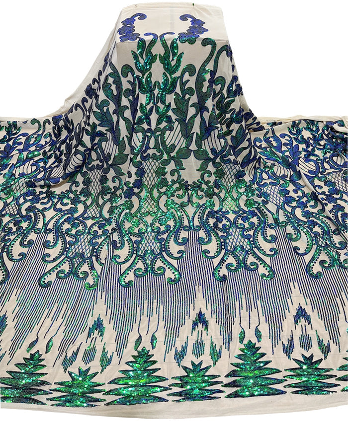 A yard of nude stretch mesh fabric with a geometric pattern embellished with green sequins.