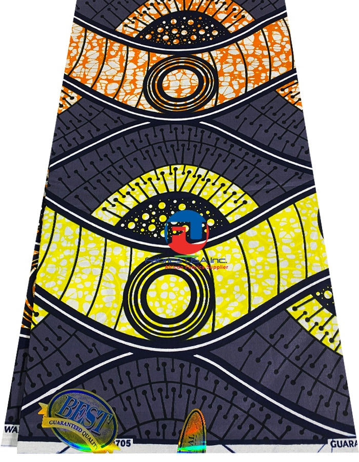 A yard of African fabric with a spiral pattern featuring geometric shapes in gray, burn orange, yellow, white, and dark blue colors.