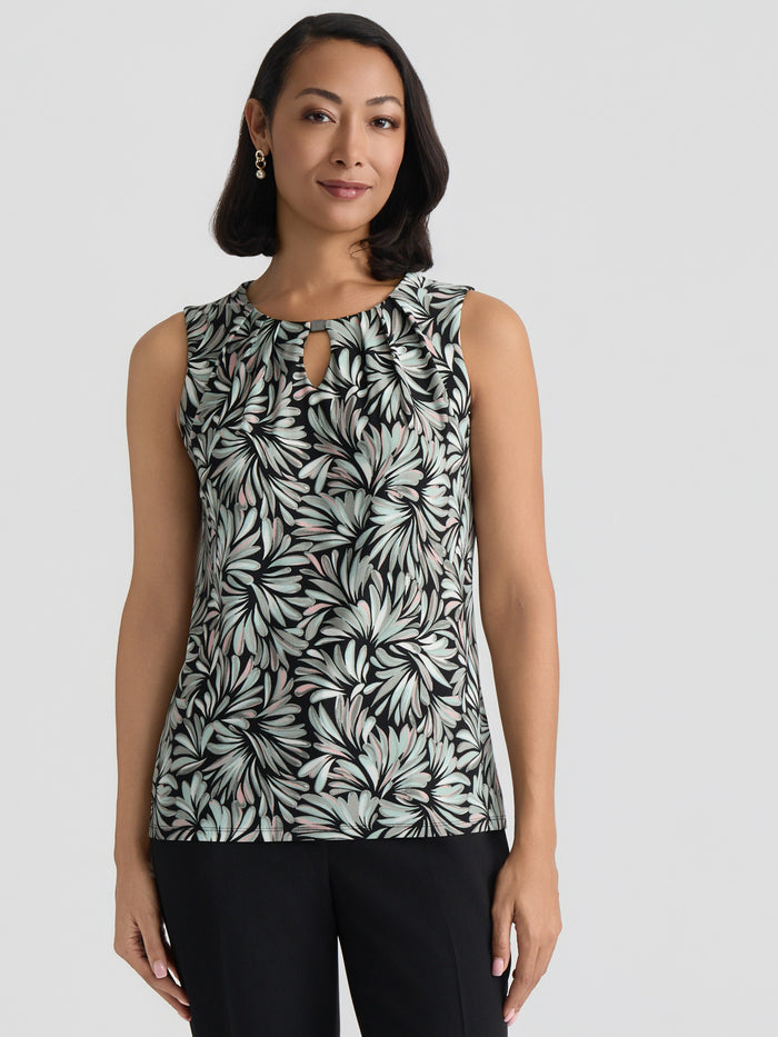 Plus Hardware Keyhole Pleat Top, Everyday Knit, Black/Sea Glass Botanical Multi | Kasper