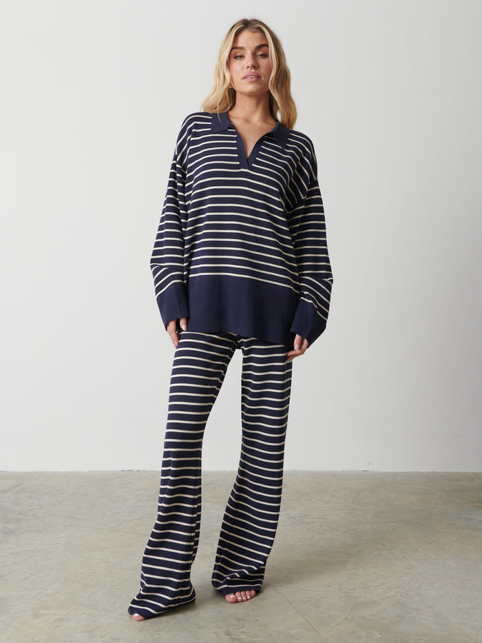 Taylor Is 5'9" & Wears Size UK S|Hayden Striped Jumper - Navy and Cream