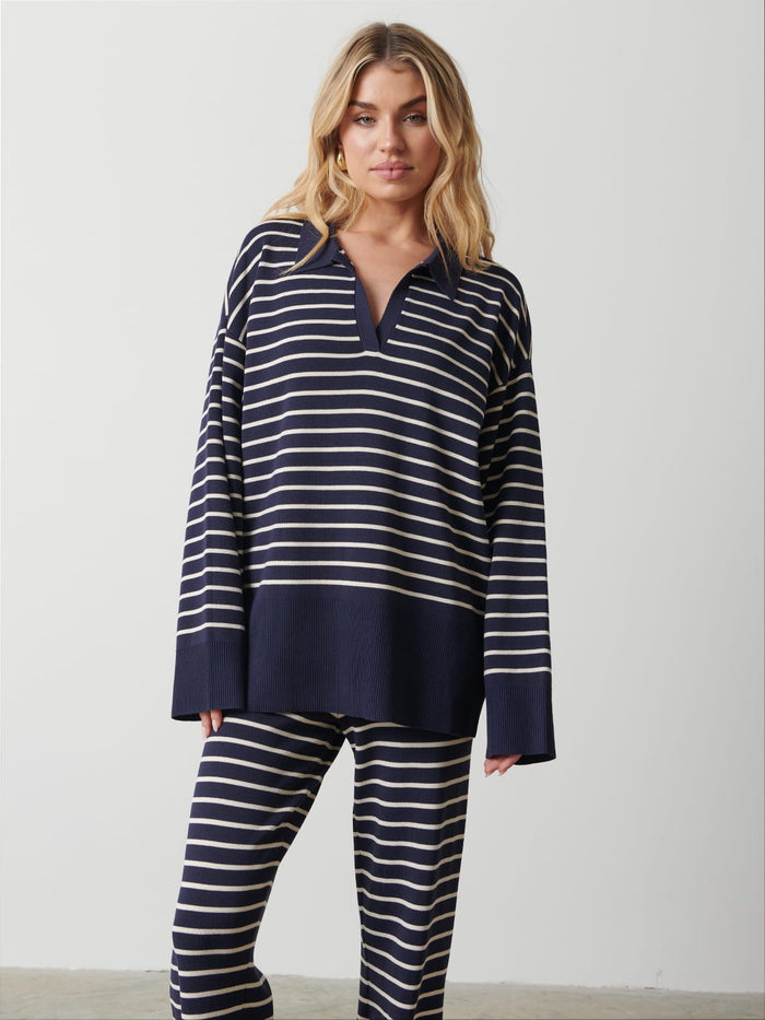 Taylor Is 5'9" & Wears Size UK S|Hayden Striped Jumper - Navy and Cream
