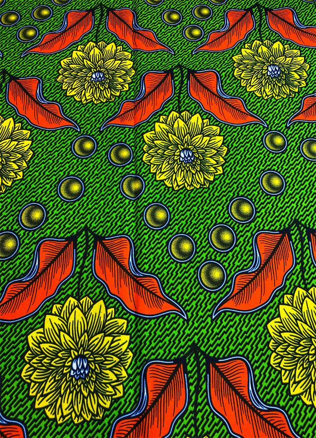 Hitarget African Wax Floral Print Fabric - Green, Orange and Yellow