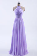 High Neck Lavender Chiffon Empire A-line Long Bridesmaid Dress