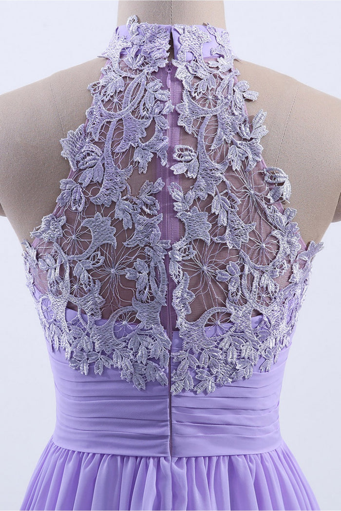 High Neck Lavender Chiffon Empire A-line Long Bridesmaid Dress