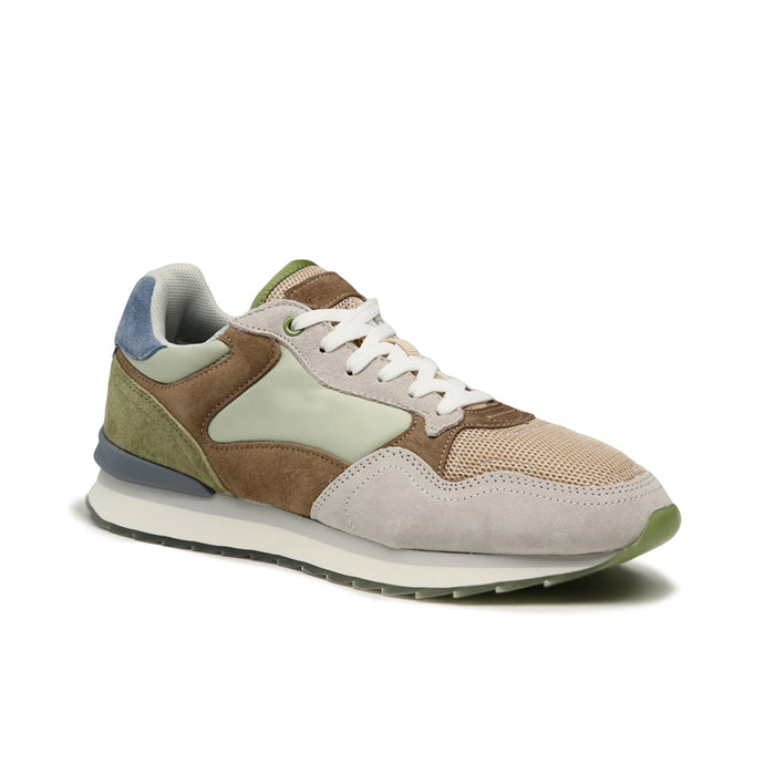 Men's leather sneakers, multicolored beige-brown-olive with lace-up front