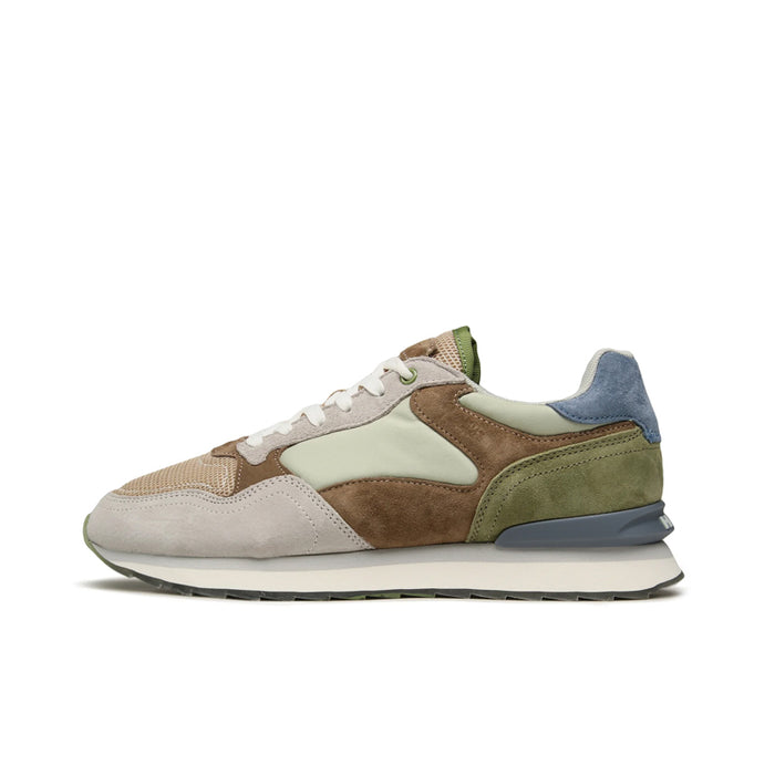 Men's leather sneakers side view in beige, brown, olive, and blue