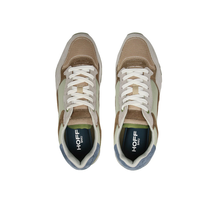 Pair of men's leather sneakers, lace-up front, beige and multicolored uppers