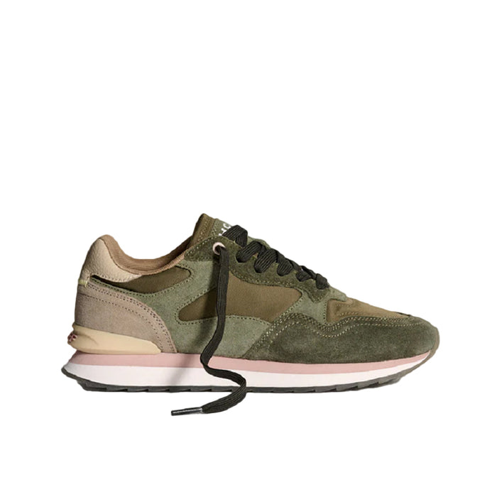 Women’s green leather sneakers with black laces and white-pink sole, side view
